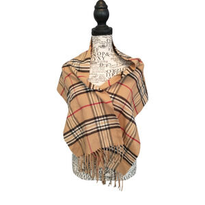 V. Fraas Cashmink German Made Scarf Tartan Plaid Pattern Brown Cream Red Fall